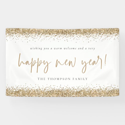 Gold Glitter Happy New Year Name White Banner