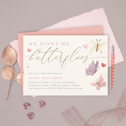 Gold Glitter He Gives Me Butterflies Bridal Shower Invitation