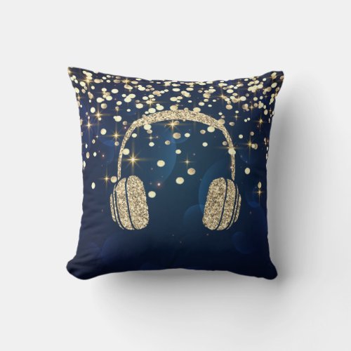 Gold Glitter HeadphoneStars Dots Navy Blue Throw Pillow
