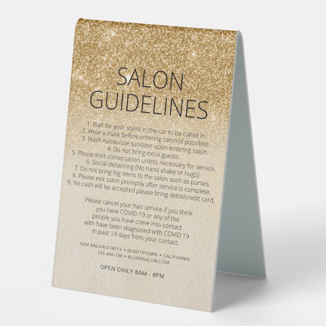 Gold Glitter Health Safety Hair Salon Covid 19 Table Tent (Front)