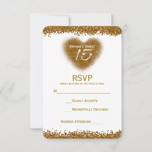 Gold Glitter Heart 15 Quinceincera RSVP Card