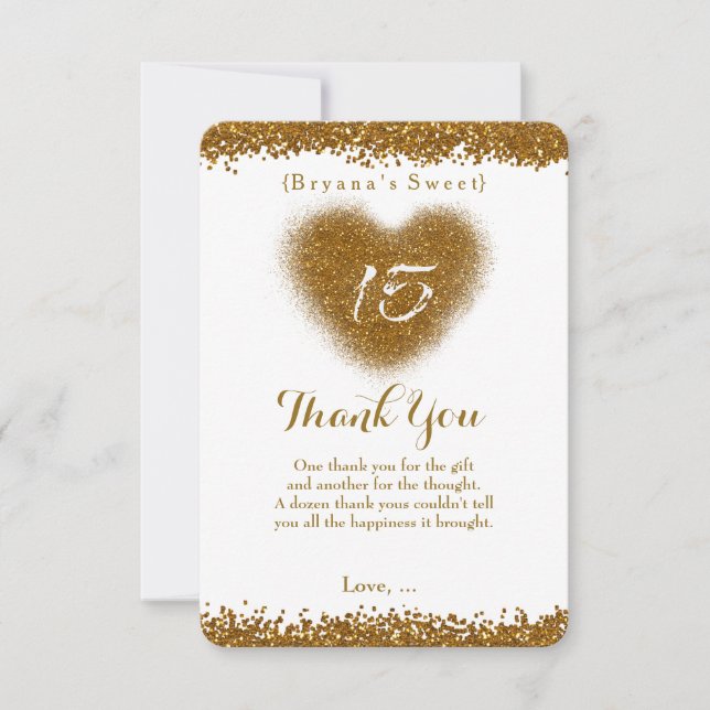 Gold Glitter Heart 15 Quinceincera Thank You Card (Front)