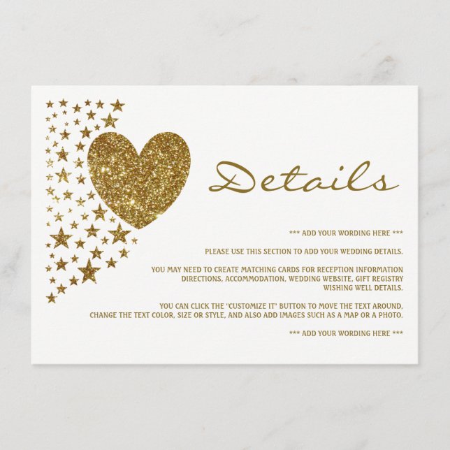Gold Glitter Heart and Stars Wedding Detail Enclosure Card (Front)