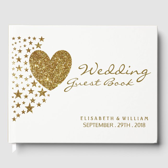 Gold Glitter Heart and Stars Wedding Guest Book (Front)