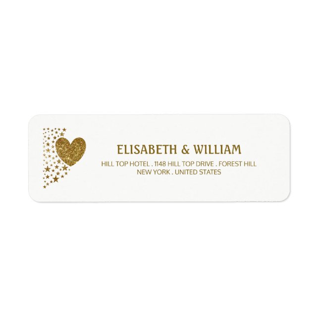 Gold Glitter Heart and Stars Wedding Label (Front)
