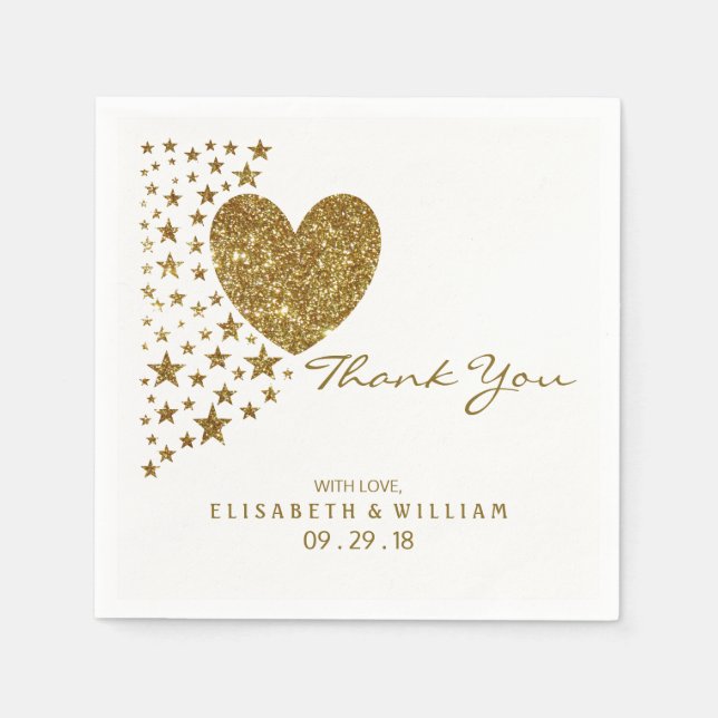 Gold Glitter Heart and Stars Wedding Napkins (Front)