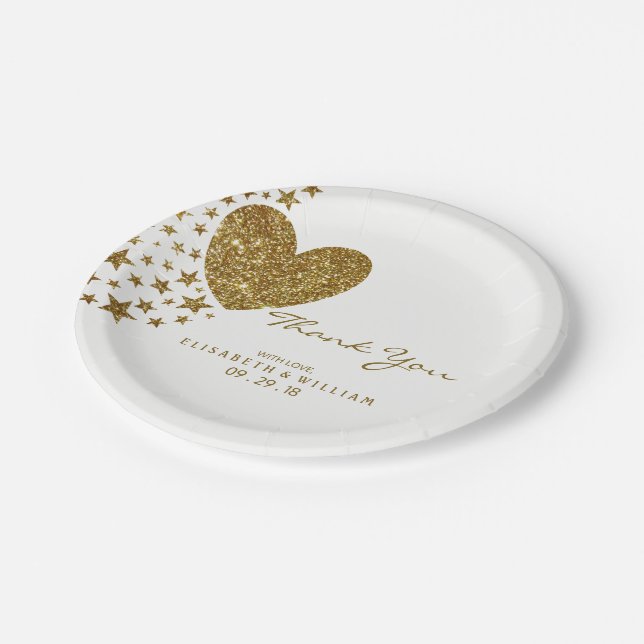 Gold Glitter Heart and Stars Wedding Paper Plates (Angled)
