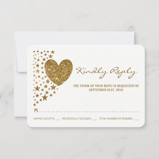 Gold Glitter Heart and Stars Wedding RSVP (Front)