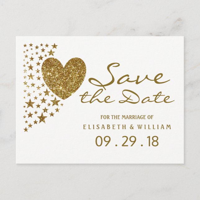 Gold Glitter Heart and Stars Wedding Save The Date Announcement Postcard (Front)