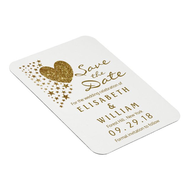 Gold Glitter Heart and Stars Wedding Save The Date Magnet (Right Side)