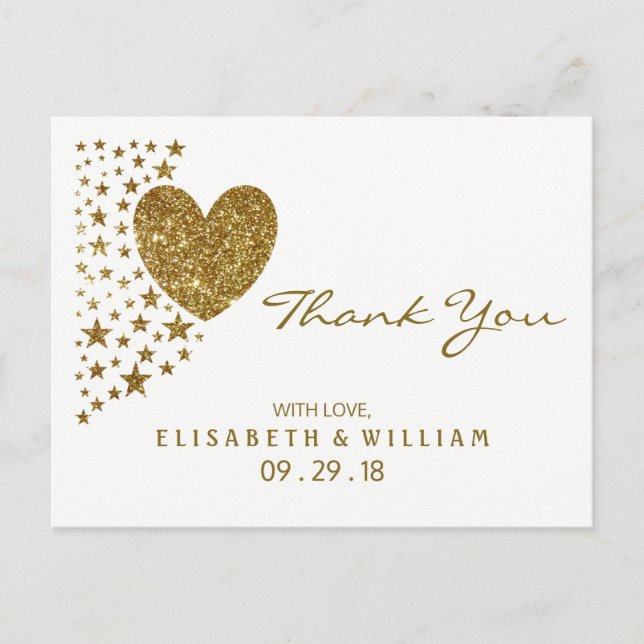 Gold Glitter Heart and Stars Wedding Thank You Postcard (Front)