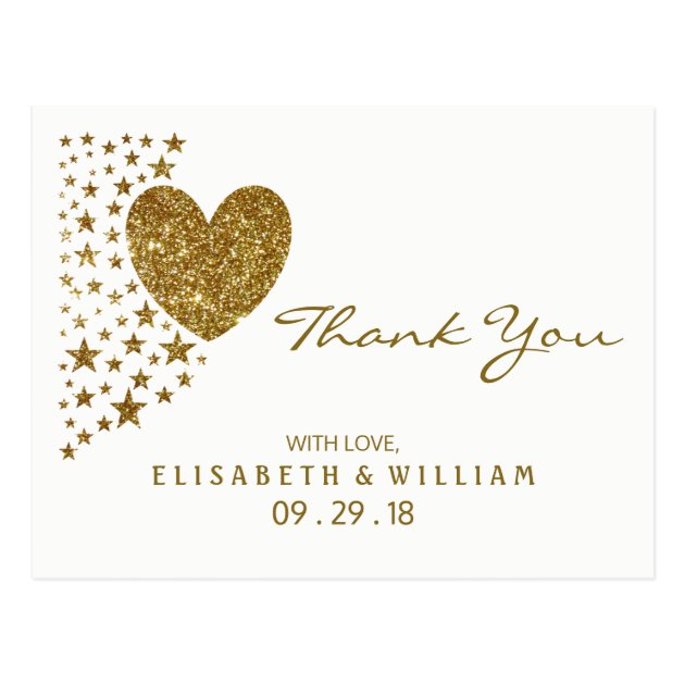 Gold Glitter Heart And Stars Wedding Thank You Postcard
