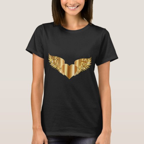 Gold Glitter Heart Angel Wings T Shirt