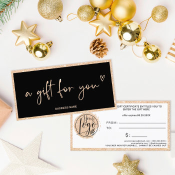 Gold Glitter Heart Black Logo Gift Certificate by girly_trend at Zazzle
