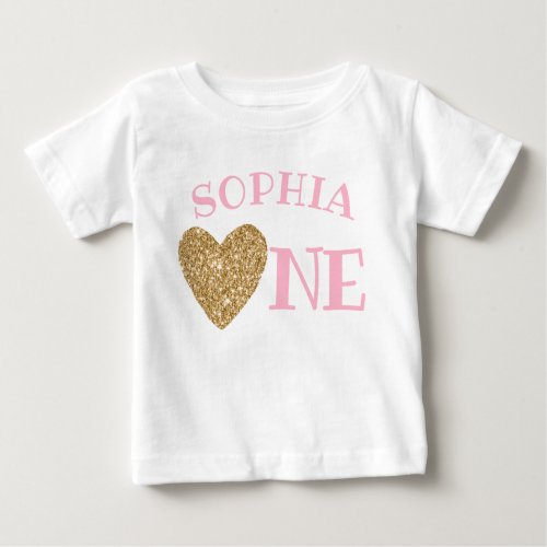Gold Glitter Heart Cute Girl First Birthday Baby T_Shirt
