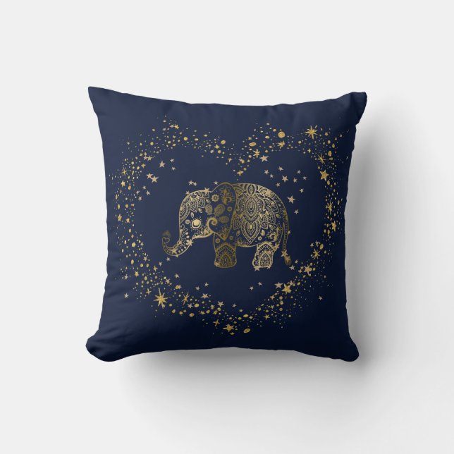 Gold Glitter Heart Frame Gold Floral Elephant Throw Pillow (Front)