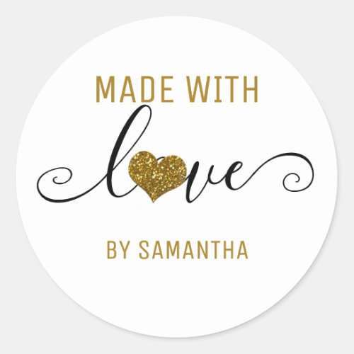 Gold Glitter Heart Made With love Classic Round Sticker