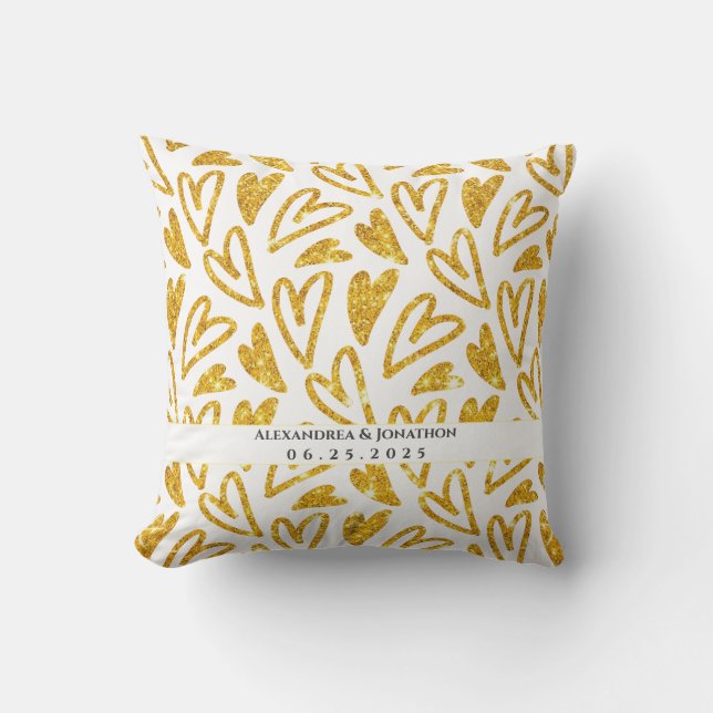 Gold Glitter Heart Personalized Wedding Throw Pillow (Front)