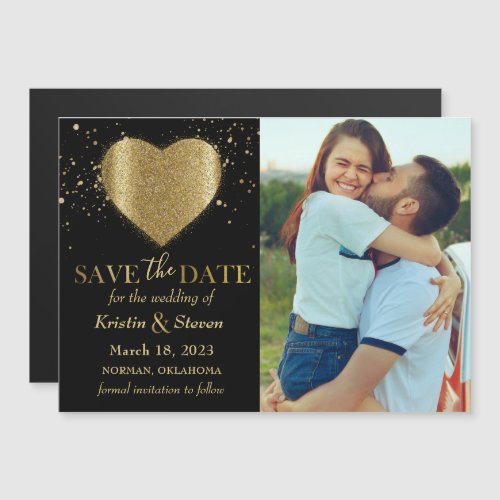 Gold Glitter Heart Photo Save the Date Magnet