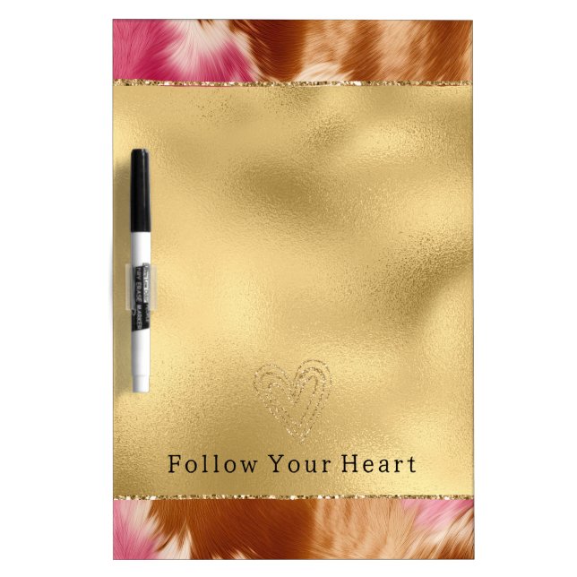 Gold Glitter Heart Pink Cowhide Western Cowgirl Dry Erase Board (Front)