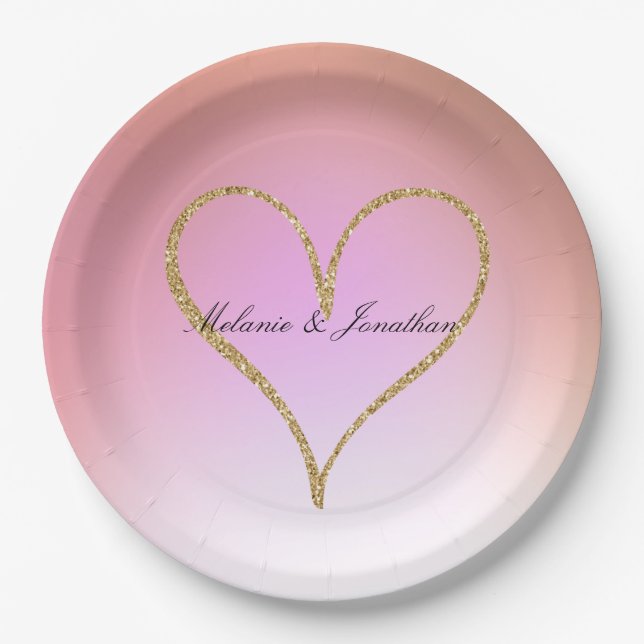Gold Glitter Heart Pink Ombre Paper Plates (Front)