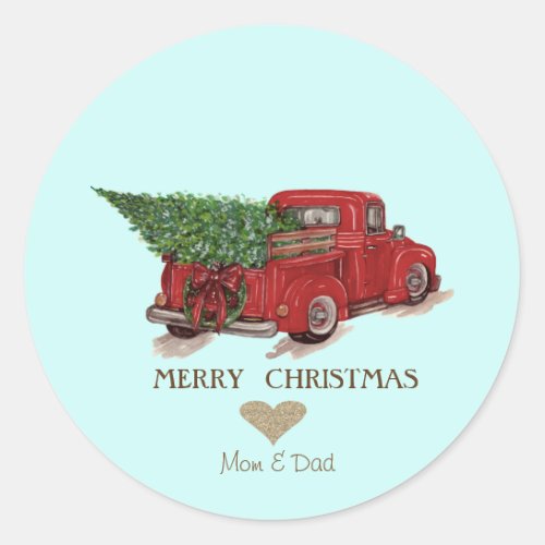 Gold Glitter Heart Red Truck Pine Tree Christmas Classic Round Sticker
