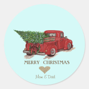 Gold Glitter Heart, Red Truck Pine Tree Christmas Classic Round Sticker