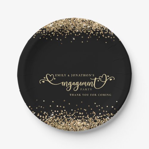 Gold Glitter Heart Script Black Engagement Thanks Paper Plates