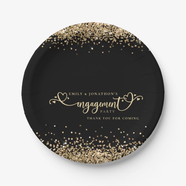 Gold Glitter Heart Script Black Engagement Thanks Paper Plates (Front)