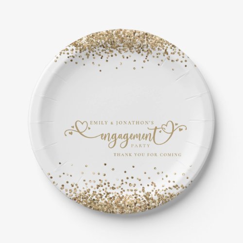 Gold Glitter Heart Script Names Engagement Thanks Paper Plates