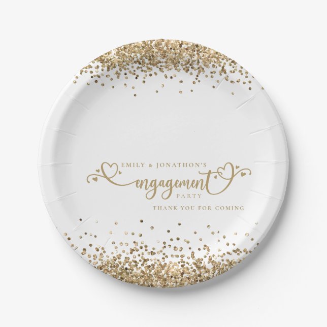 Gold Glitter Heart Script Names Engagement Thanks Paper Plates (Front)