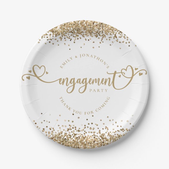 Gold Glitter Heart Script Names Engagement White Paper Plates (Front)