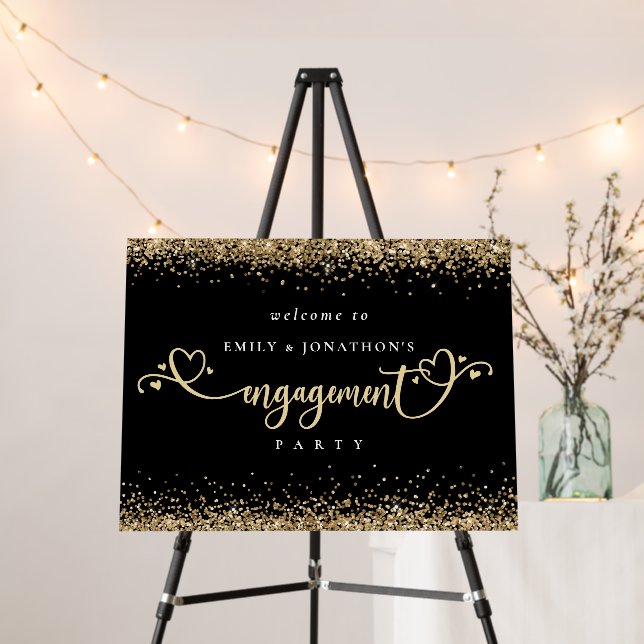 Gold Glitter Heart Script Welcome Engagement Black Foam Board (In Situ (Stand))