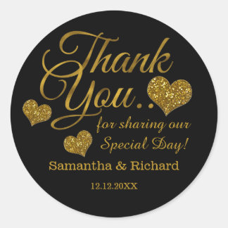 Gold Glitter Heart Thank You Wedding Favor Black  Classic Round Sticker