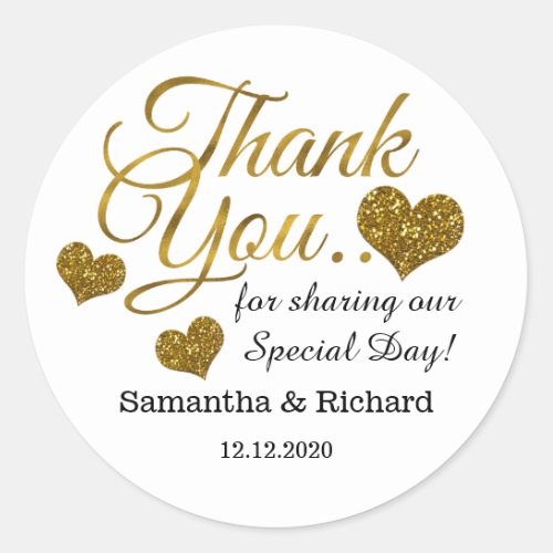 Gold Glitter Heart Thank You Wedding Favor   Classic Round Sticker
