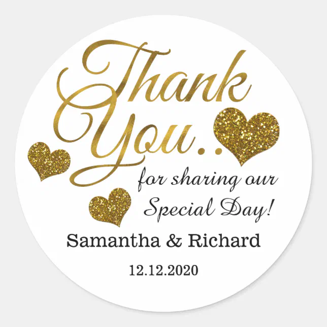 Gold Glitter Heart Thank You Wedding Favor Classic Round Sticker | Zazzle