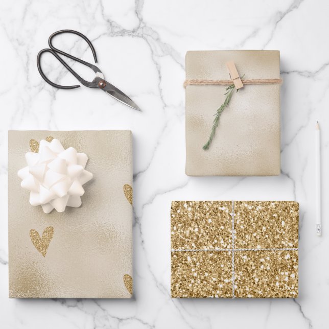 Gold Glitter Heart Wrapping Paper Sheets (Front)