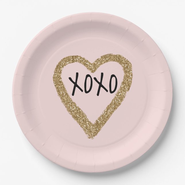 Gold Glitter Heart XOXO Paper Plates (Front)