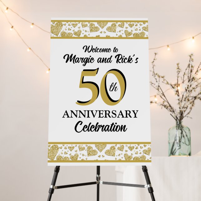 Gold Glitter Hearts 50th Anniversary Poster (In Situ (Stand))