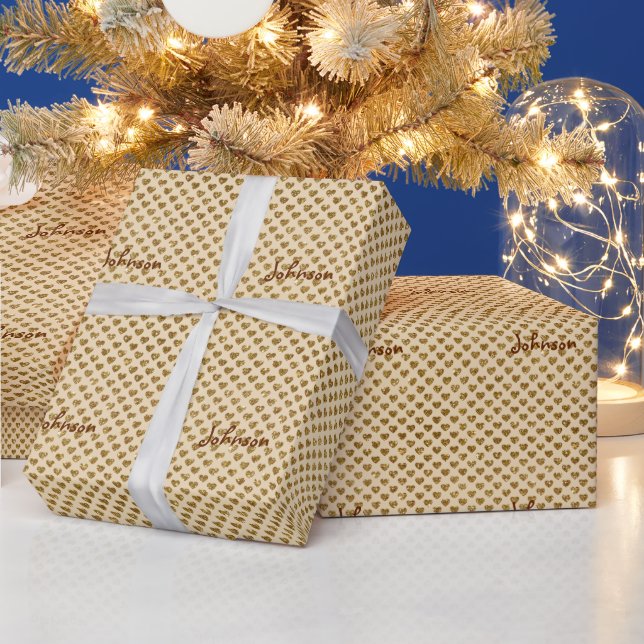 Gold Glitter Hearts Monogrammed Christmas Wrapping Paper (Holidays)