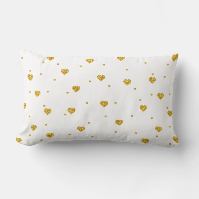 Gold Glitter Hearts Pattern White Background Lumbar Pillow (Front)