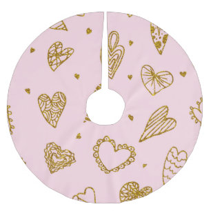 Gold glitter hearts: pink background pattern brushed polyester tree skirt