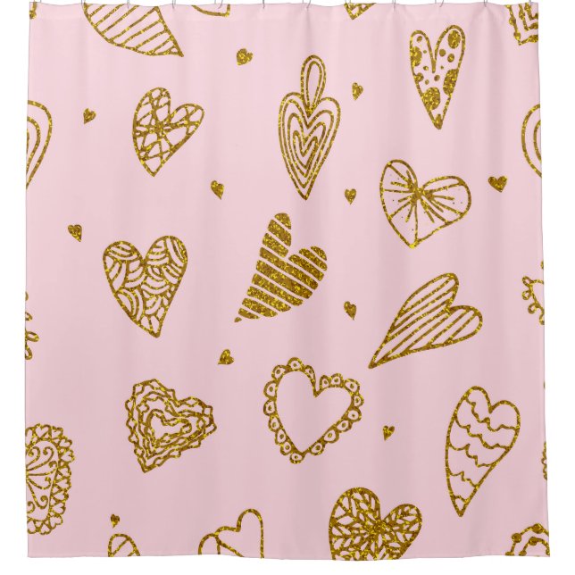 Gold glitter hearts: pink background pattern shower curtain (Front)