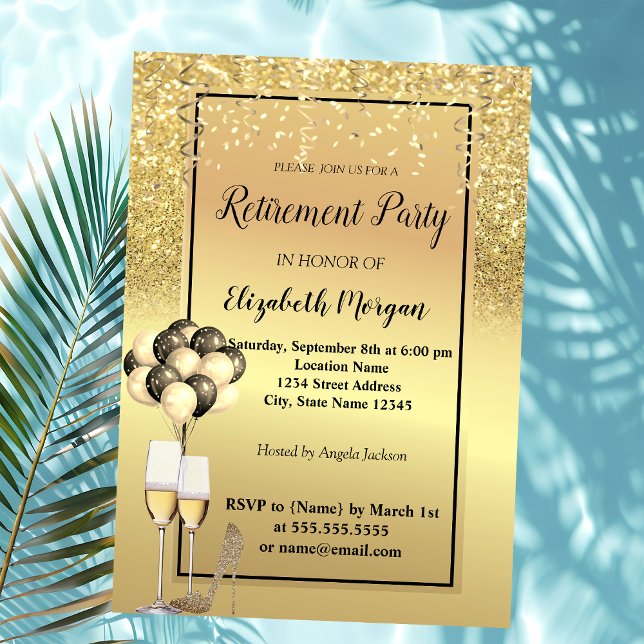 Gold Glitter  Heels,Glass,Ballons Retirement Party Invitation (Creator Uploaded)