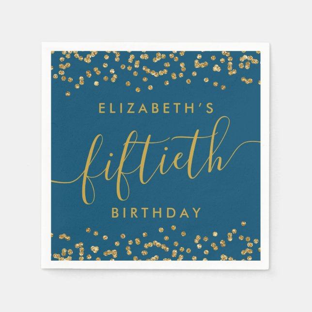 Gold Glitter Hello 50 Fiftieth Birthday Party Napk Napkins (Front)