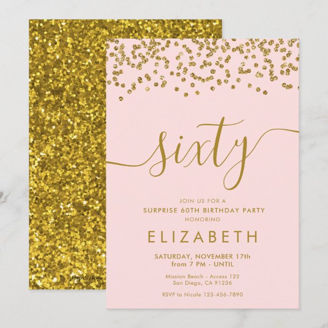 Gold Glitter Hello 60 Sixtieth Birthday Invitation (Front/Back)