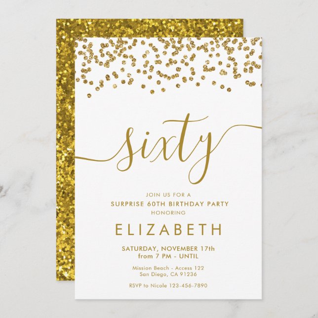Gold Glitter Hello 60 Sixtieth Birthday Invitation (Front/Back)