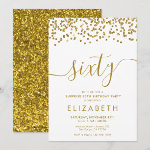 Gold Glitter Hello 60 Sixtieth Birthday Invitation