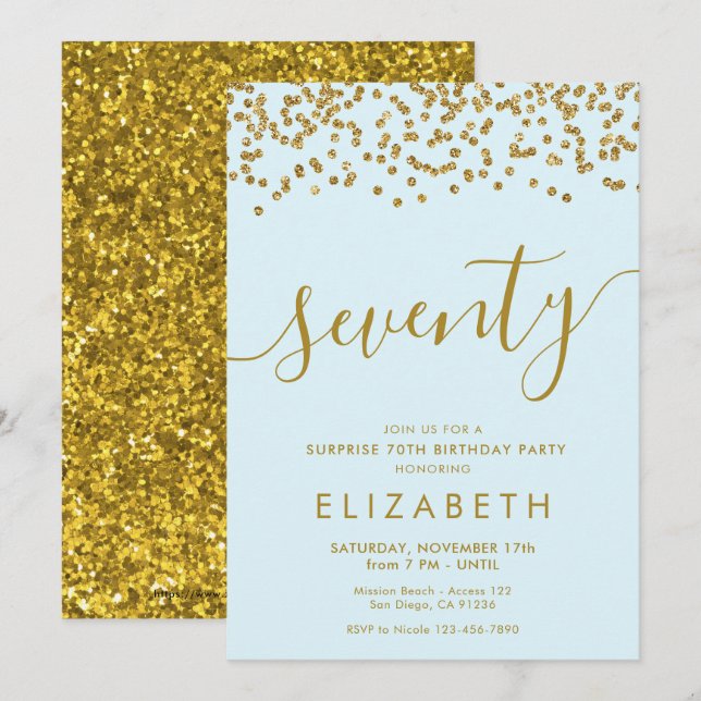 Gold Glitter Hello 70 Seventieth Birthday Invitati Invitation (Front/Back)