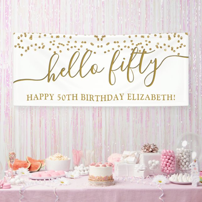 Gold Glitter Hello Fifty 50th Birthday Party Banne Banner (Party)